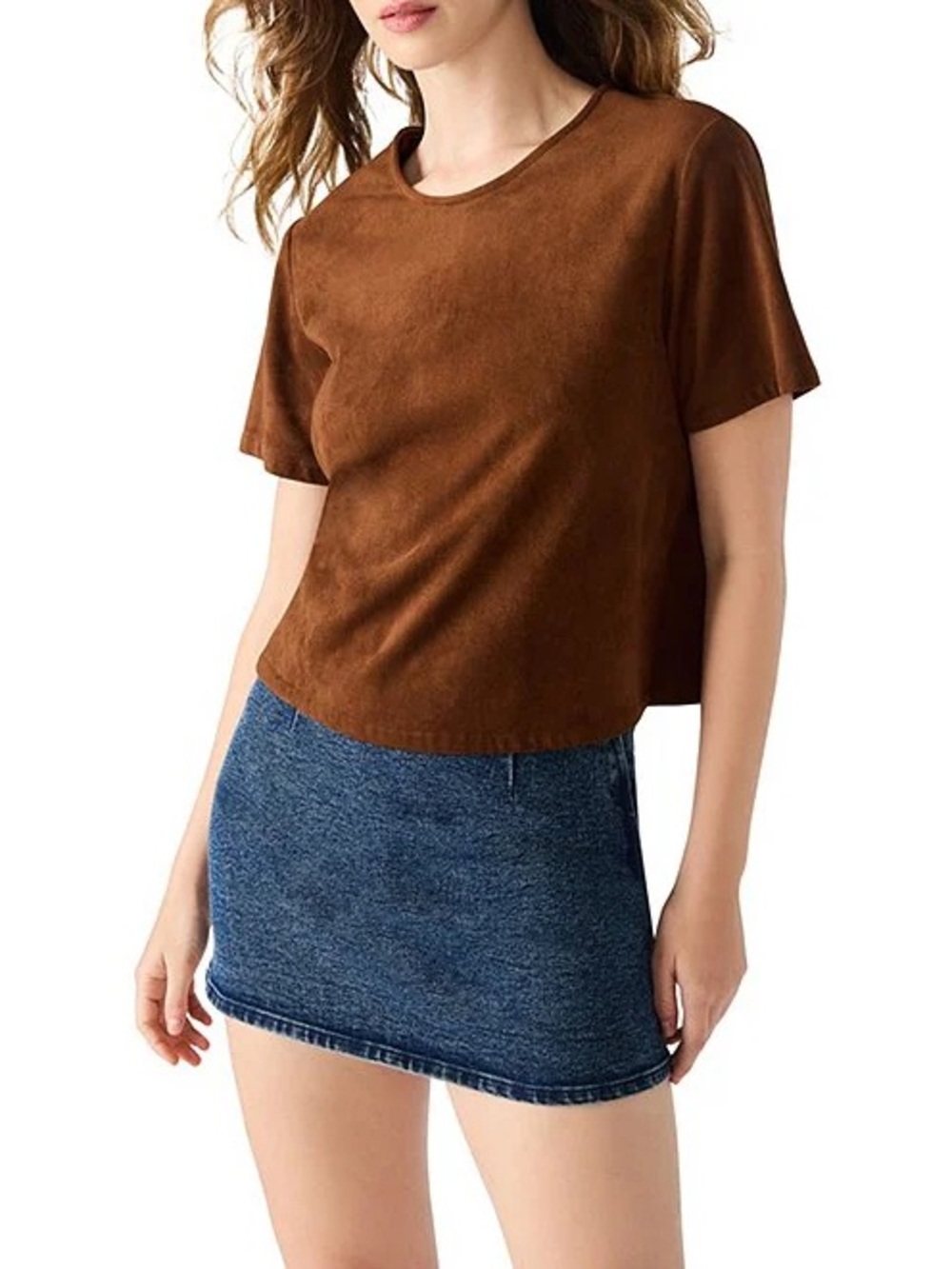 Steve Madden Ezra Faux Suede Crew Neck Short Sleeve Top Chicory Coffee Brown M
